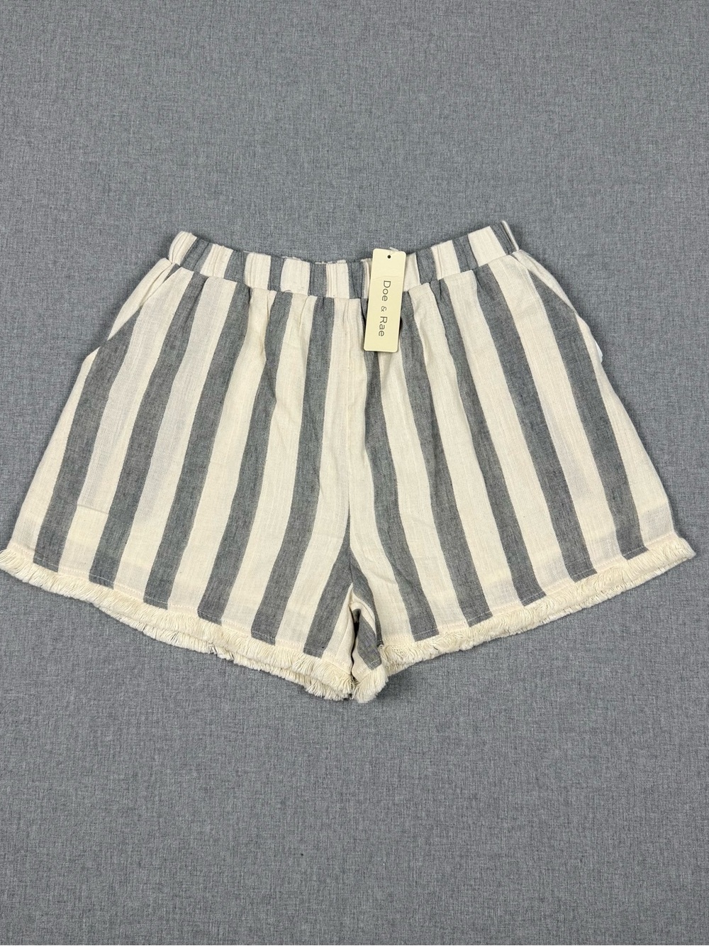 Doe‎ & Rae Coastal Blue White Striped Cotton Shorts S NWT Fringe Hem